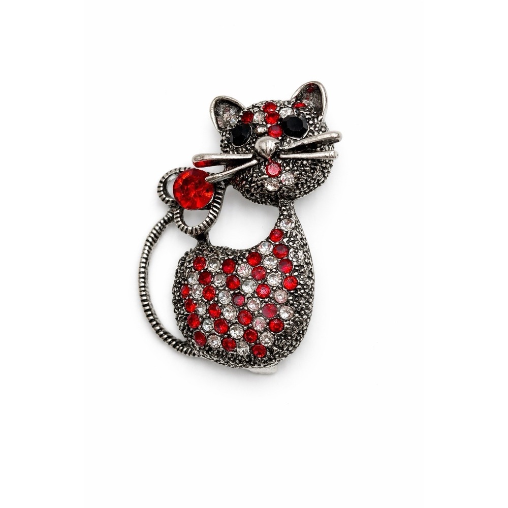 Rhinestone Cat Brooch Red Crystal Silver Tone Kitty Pin Heart Tail Mothers Day